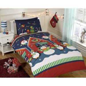 Vader Kerstmis Kids Xmas Sneeuwpop Pinguïn Santa Quilt Dekbedovertrek en Kussensloop Beddengoed Set Multi-Colour, Eenpersoons