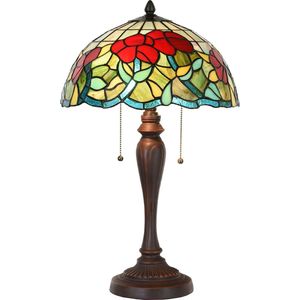 LumiLamp Tiffany Tafellamp Ø 35x58 cm Groen Rood Glas Kunststof Rond Tiffany Bureaulamp