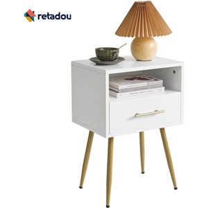 Retadou - Nachttisch, Mid-Century Modern Nachttisch mit Beinen, Minimalistischer und praktischer Beistelltisch mit 2 Etagen Stauraum, für Schlafzimmer, Wohnzimmer, Weiß
