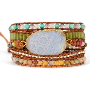Marama - wikkelarmband Flower Stone - dames armband - Agaat - 83.5 cm - cadeautje voor haar