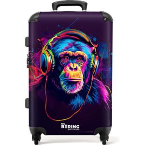 NoBoringSuitcases.com® - Koffer groot - Rolkoffer lichtgewicht - Chimpansee met koptelefoon in neonkleuren - Reiskoffer met 4 wielen - Grote trolley XL - 20 kg bagage