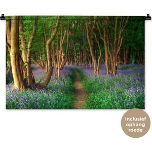 Wandkleed Bospaden - Een bos met gekleurde bloemen Wandkleed katoen 90x60 cm - Wandtapijt met foto