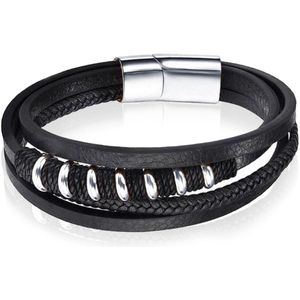 Leren armband Mendes RVS kralen Touw Zwart Zilverkleurig-18.5cm