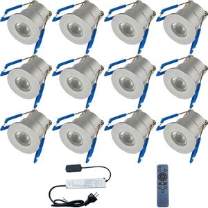 LED Veranda Spot Complete Set - Velvalux - 12 Stuks - 3W - Natuurlijk Wit 4000K - Dimbaar - Waterdicht IP65 - Inbouw - Rond - Mat Zilver - Aluminium - 12V