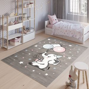 Tapiso Baby Vloerkleed Grijs Wit Olifant Ballonnen Kinderkamer Tapijt Maat- 80x150