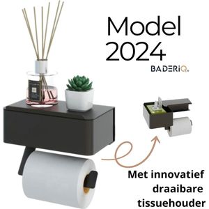 BaderiQ - WC rolhouder - met bakje - Toiletrolhouder - NEW MODEL 2024 - Zwart - met plankje - met tissue houder en plankje - bakje is draaibaar alles kan blijven staan - tissues van onder of boven - boren of plakken