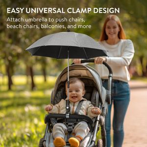 JEMIDI strand parasol met klem - UPF UV-bescherming 50+ - Kantelbaar en 360 graden rotatie - Parasol kinderwagen - Grijs