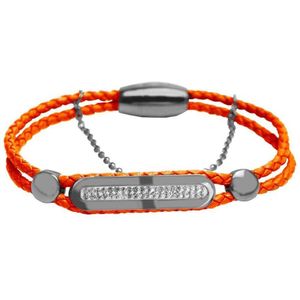 Silventi 980101681 Stalen Armband - Dames - Gevlochten - Met kristal - Magneet Sluiting - Oranje - 19cm - Zilverkleurig - Leer