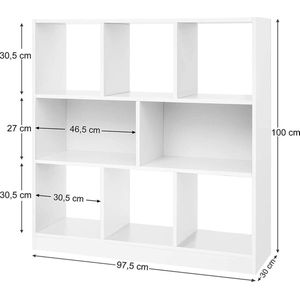 VASAGLE boekenkast, scheidingswand plank, houten plank met open vakken, vitrine voor woonkamer, slaapkamer, kinderkamer en kantoor, 97,5 x 100 x 30 cm (B x H x D), wit