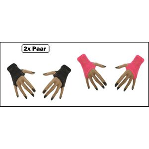 2x Paar nethandschoenen vingerloos pink en zwart - Themafeest - Festival thema feest disco neon verjaardag verkleed feest