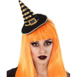 Halloween heksenhoed - mini hoedje op diadeem - one size - zwart/oranje - meisjes/dames - verkleed accessoires