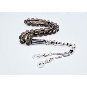 Handgemaakte Circulaire Letters tesbih ""tasbih"" 33 Kralen Natuursteen “ Rookkwarts” - met metaal tassel - Met je Letters of de Letters van uw geliefde- 10 mm diameter van de korrel