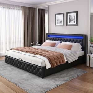 Gestoffeerd bed 140 x 200 cm, functioneel bed met lattenbodem en opbergruimte, met ledverlichting, met opbergfunctie, zwart, PU