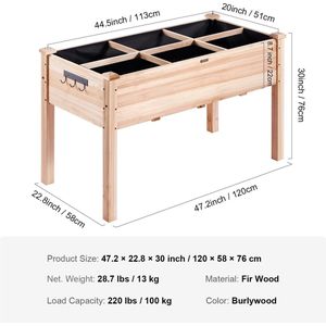 Volda® - Plantenbak Op Poten - Tuinbed - 100% Dennenhout - Tot 100KG - 76x58x120cm - Met Afvoergaten Voor Uitstekende Drainage - Incl. Plantenlabels en Plantengereedschap