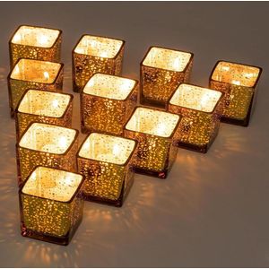 Vierkante Gouden Kaarshouders Set Van 12 - Mercurius Glazen Kaarshouder - Elegante Kleine Kaars Houder Voor Bruiloft Centerpieces - Theelicht Houder Voor Party Tafels - Home Decoratie