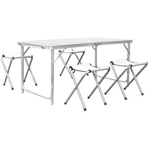 Kampeertafel 5-delig - Opvouwbaar - Klaptafel - Voor Camping en Tuin - Inklapbaar met 4 Krukken - Aluminium 120 cm - Wit