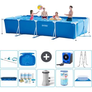 Intex Rechthoekig Frame Zwembad - 450 x 220 x 84 cm - Blauw - Inclusief Afdekzeil - Onderhoudspakket - Zwembadfilterpomp - Filter - Grondzeil - Schoonmaakset - Ladder - Voetenbad - Warmtepomp
