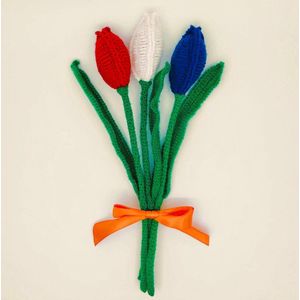 Luna-Leena duurzaam Hollands tulpenboeket in rood, wit en blauw - wol - 3 tulpen bloemen - kunstbloemen -hand gehaakt in Nepal
