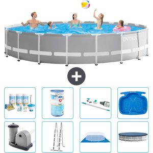 Intex Rond Prism Frame Zwembad - 610 x 132 cm - Grijs - Inclusief Pomp - Ladder - Grondzeil - Afdekzeil Onderhoudspakket - Filter - Stofzuiger - Voetenbad
