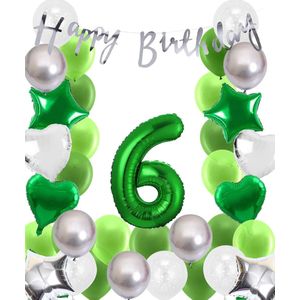 Snoes Ballonnen 6 Jaar Wit Groen Zilver Mega Ballon - Compleet Feestpakket 6 Jaar - Verjaardag Versiering Slinger Happy Birthday – Folieballon – Latex Ballonnen - Helium Ballonnen