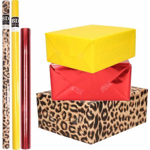 12x Rollen kraft inpakpapier pakket panter/dierenprint-metallic rood en geel 200 x 70/50 cm/cadeaupapier/verzendpapier/kaftpapier