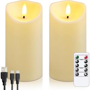 Yeelida Rechargeable LED Candles – Set of 2 Flameless Candles with Remote Control, Timer, and Charging Cable – 60-Hour Battery Life – Ivory, 7.5cm x 15cm