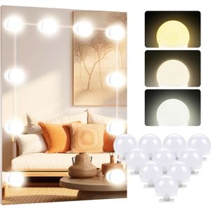Dimbare LED Spiegelverlichting voor Make-up, 10 Lampen met 3 Kleuren, Spiegellampen voor Badkamer en Kapsalon