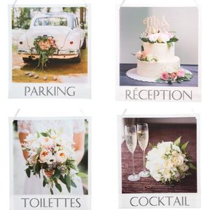 Set met 4 decoratie borden met de teksten Parking Reception Cocktail en Toilettes - trouwen - huwelijk - bruidspaar - trouwartikelen - feest - party