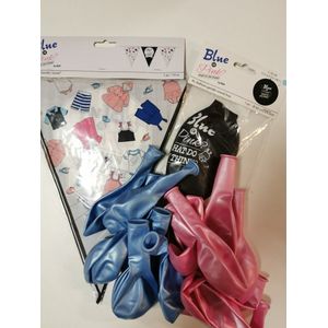 gender reveal feestpakket blauw met grote zwarte ballon met blauwe confetti, 10 roze ballonnen, 10 blauwe ballonnen en vlaggenlijn 10mtr