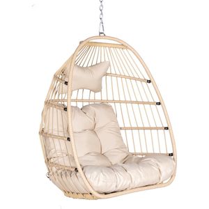 Basket Hangstoel Symphony - Creme Wicker - Creme Touw - Creme Kussen- Opvouwbaar - Voor Binnen en Buiten
