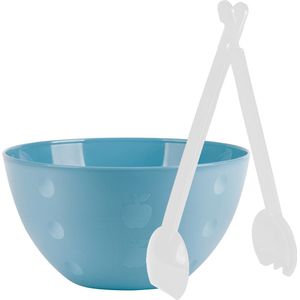 Serveerschaal/slakom - pastel blauw - kunststof - 26 cm - met sla bestek/couvert