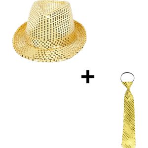 Feest hoedje - Fedora hoed - Gouden stropdas - Glitter tie - Disco outfit - Hoofdomtrek 58 cm - Glitter pailletten - Goud