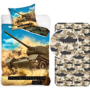 Dekbedovertrek Leger Tank - Army Squad- 1persoons- 140x200- Dekbed Jongens- 100% katoen, incl. Leger-Tank hoeslaken 90x200 x25