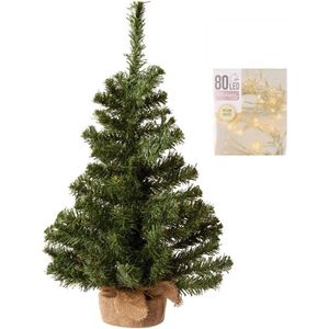 Volle kerstboom in jute zak 60 cm inclusief warm witte kerstverlichting