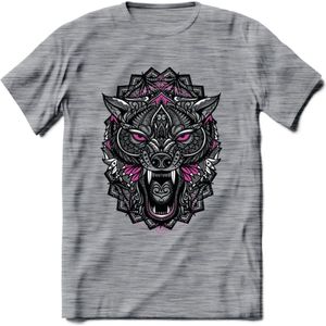 Wolf - Dieren Mandala T-Shirt | Roze | Grappig Verjaardag Zentangle Dierenkop Cadeau Shirt | Dames - Heren - Unisex | Wildlife Tshirt Kleding Kado | - Donker Grijs - Gemaleerd - XL