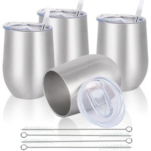 Thermosbeker Roestvrij Staal 4 stuks 340 ml met Lekvrij Push-On Deksel, 4 Rietjes en 4 Rietjesborstels - Dubbelwandige Onbreekbare Travel Mug voor Melk, Koffie, Wijn, Bier, Champagne, Cocktails - Houdt Koel en Warm - Thermosbeker Koffie - Zilver