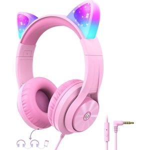 iClever - HS20 - junior koptelefoon - met katten oortjes - led light up - max 94dB - microfoon - opvouwbaar (roze)