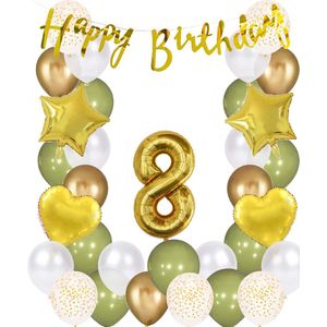 Snoes Ballonnen 8 Jaar Wit Olijf Groen Goud Mega Ballon - Compleet Feestpakket 8 Jaar - Verjaardag Versiering Slinger Happy Birthday – Folieballon – Latex Ballonnen - Helium Ballonnen - Olive Green Verjaardag Decoratie