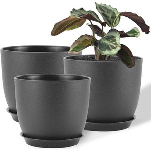 Set van 3 plantenpotten met drainagegaten en dienblad - Decoratieve kunststof potten voor binnen (25/23/20cm)