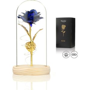 Luxe Roos in Glas met LED – Valentijn - Gouden Roos in Glazen Stolp – Moederdag - Bekend van Beauty and the Beast - Cadeau voor vriendin moeder haar - Blauw - Lichte Voet – Qwality