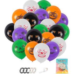 Festivz 50 stuks Scary Face Halloween Oranje Zwart Groen Paars Wit Ballonnen met Lint – Decoratie – Feestversiering - Halloween – Orange - Purple - Green - Zwart - Wit - Feest