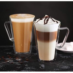 Dubbelwandige latte macchiato-glazen, set van 2 stuks, van borosilicaatglas, koffiekopjes, 450 ml, koffieglas, theeglazen met handvat, voor cappuccino, latte macchiato, thee, ijs, melk, bier