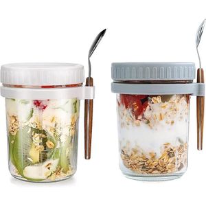 Set van 2 ontbijtkommen om mee te nemen met deksel en lepel, 350 ml, glazen voor overnight oats, mason jars met meetmarkering, luchtdichte container voor yoghurt, ontbijtgranen, salade, fruit.