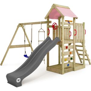WICKEY speeltoestel klimtoestel MultiFlyer met schommel en pastelroze glijbaan, outdoor kinderspeeltoestel met zandbak, ladder & speelaccessoires voor de tuin