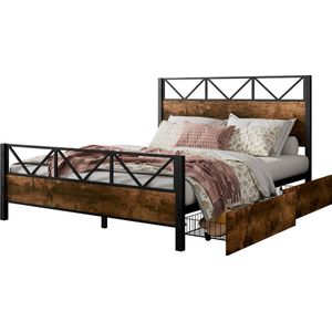Merax Tweepersoonsbed 140 x 200 cm – Metalen Bedframe met Vintage Houten Afwerking en Twee Opberglades op Wielen - in Zwart en Walnoot