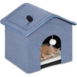 Relaxdays kattenmand blauw - opvouwbaar - zacht - kattenhuis binnen - voor kleine honden