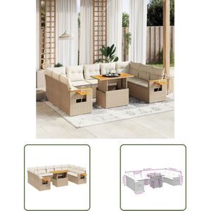 The Living Store 11-delige Tuinset met kussens poly rattan beige - Loungeset - Tuinmeubels - Lounge Set - PE-rattan - Outdoor Furniture