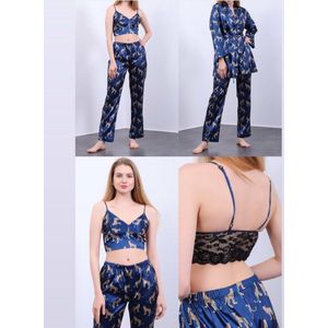 Satijn 3 -Delige Dames Pyjama Set Met Luipaard Design Donkerblauw/ Kimono Ochtendjas Maat S