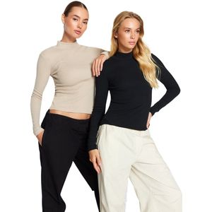 Trendyol 2-Pack Zwart-Beige Geribbelde Hoge Hals Aansluitende/Slapende Elastische Gebreide Blouse Met Lange Mouwen Twoaw24Bz00257