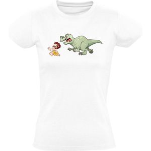 Dinosaurus rent achter holbewoner aan Dames T-shirt - dino - t-rex - geschiedenis - planeet - oermens - grappig